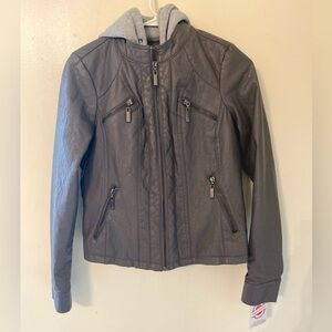 J2 Gray Vegan Leather Jacket Sz. XS w/ Removable‎ Hood, SOFT Faux Fur Lining